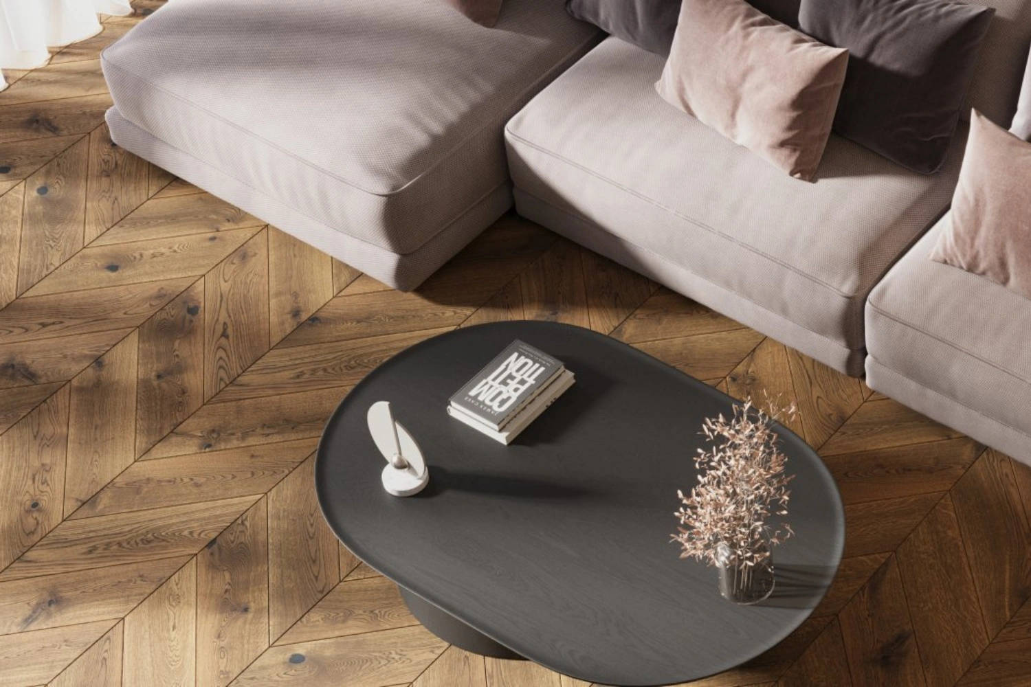 Nowoczesny salon z dębową jodełką